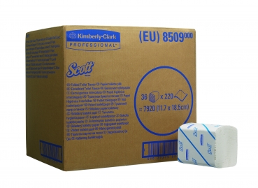 Scott Tissue, Einzelblatt-Toilettenpapier, 8509, weiß, 2lg., 36 Pkg á 220 Tücher/Karton ,11,7x18,6cm
